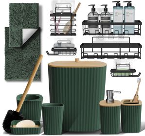 Set - Hunter Green Bathroom Accessories Set, 6PC Bathroom Accessory Set, Bathroom Sets with Bathroom Rugs, Adhesive Corner Shower Caddy Hanging