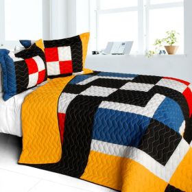 [Fantastic Symphony] 3PC Vermicelli-Quilted Patchwork Quilt Set (Full/Queen Size)