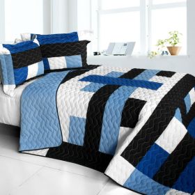 [Blue Ryhthm] 3PC Vermicelli-Quilted Patchwork Quilt Set (Full/Queen Size)