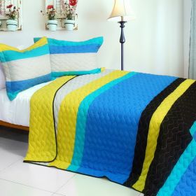 [Love in Sea] 3PC Vermicelli-Quilted Patchwork Quilt Set (Full/Queen Size)