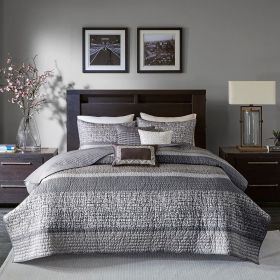 6 Piece Reversible Jacquard Quilt Set with Throw Pillows Grey/Taupe King/Cal King